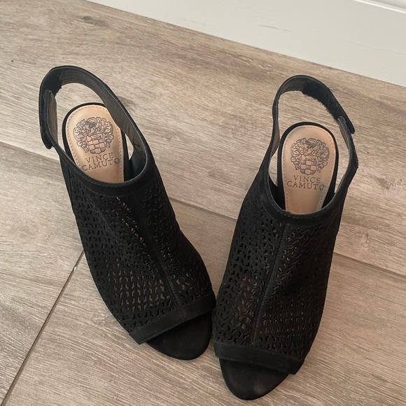 Vince Camuto Suede Block Heel Open Toe Bootie - Picture 1 of 13